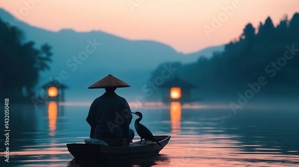 Fototapeta Traditional japanese fisherman balancing with cormorant at sunrise serene lake gigapixel quality tranquil environment