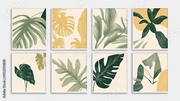 Fototapeta High resulation image of set of 6 prints featuring abstract tropical plants in green, beige, and yellow tones, with a boho decor style and botanical elements like monstera leaves.