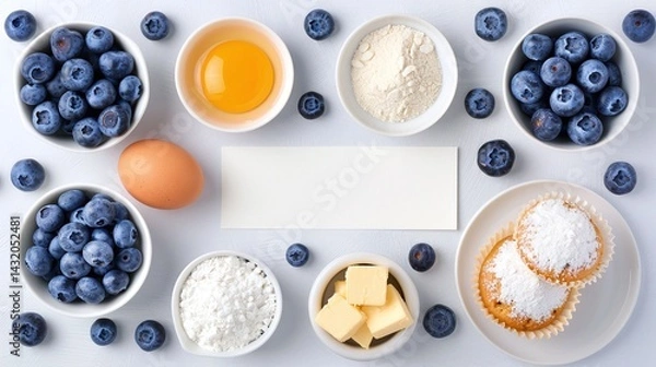 Fototapeta baking ingredients for blueberry cupcakes on white table, top view flat lay with eggs, flour, butter, sugar, berries and bowls, clean minimal background with text space

