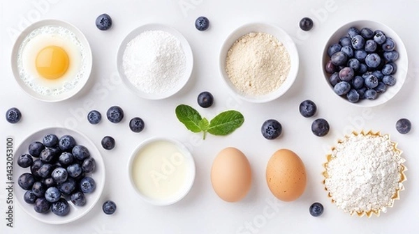 Fototapeta baking ingredients with fresh blueberries eggs flour and milk, white minimal background with cupcake and mint, flat lay top view dessert preparation scene

