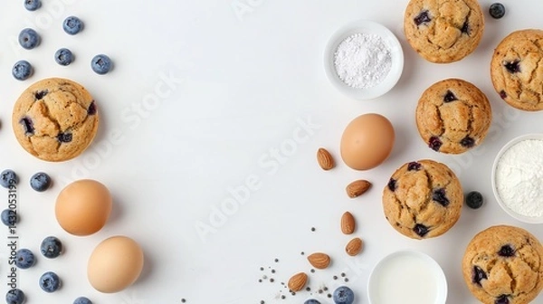 Fototapeta blueberry muffin preparation with eggs flour and milk, flat lay baking concept with fresh berries, top view dessert layout, white minimal background with copy space

