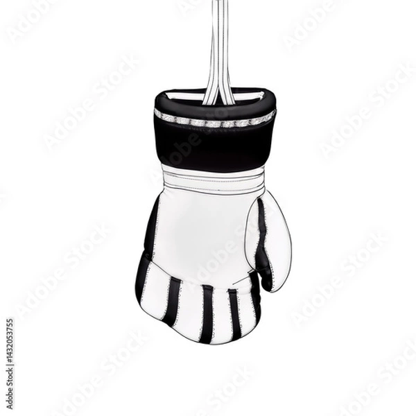 Obraz A black and white boxing glove hangs by its laces, showcasing a bold, minimalist design with striped accents and a sleek, sporty appearance.