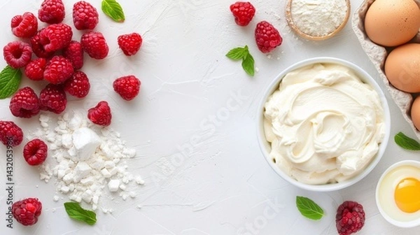 Fototapeta raspberry dessert ingredients with whipped cream flour and mint, flat lay baking composition, white minimal background with copy space, food preparation top view

