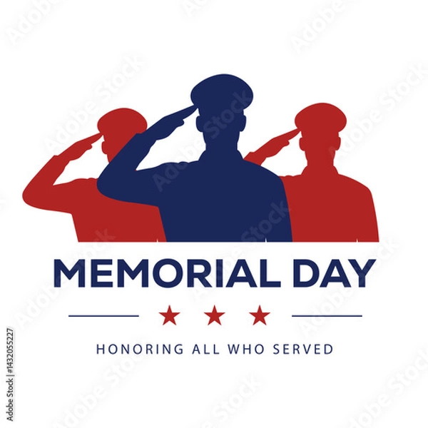 Fototapeta Patriotic Memorial Day vector illustration with three saluting soldier silhouettes (navy, red) above bold "MEMORIAL DAY" text and stars. Clean, solemn design in red, white, navy—honoring military