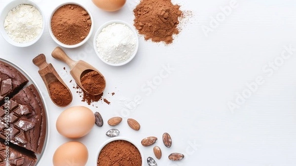 Fototapeta chocolate dessert ingredients flat lay with cocoa and baking essentials, minimalistic top view, raw ingredients with copy space, food preparation background on white

