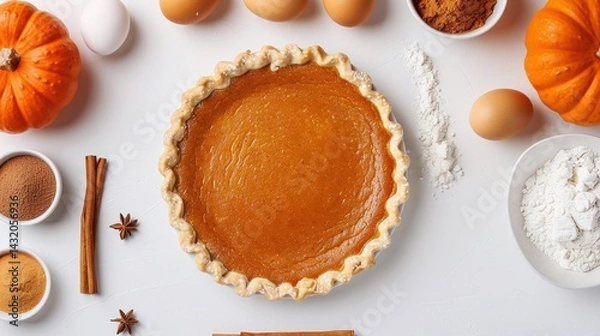 Fototapeta Whole pumpkin pie with baking ingredients, cinnamon sticks and eggs on white background, top view autumn dessert flat lay with copy space for thanksgiving recipe visuals

