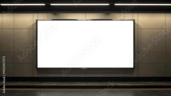 Obraz empty white rectangular billboard, layout, in the subway on the wall, for advertising, warm light, copy space