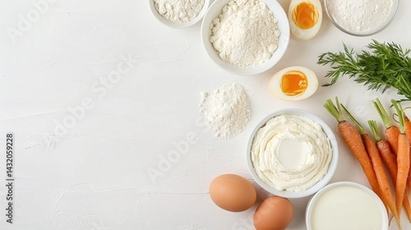 Fototapeta Minimal baking ingredients with carrots, flour, eggs and cream on white background, top view food layout with copy space for recipe or pastry preparation content

