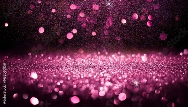 Fototapeta abstract pink defocused glitter holiday panorama background on black falling shiny sparkles new year christmas glowing backdrop