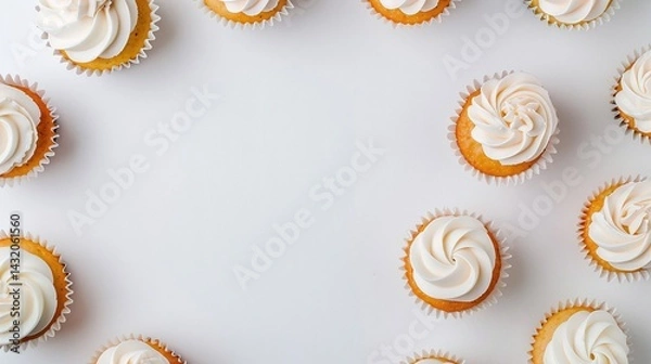 Fototapeta Cupcakes arranged in a circle on white background, top view dessert frame with frosting, minimal sweet food layout with copy space for bakery, celebration or invitation

