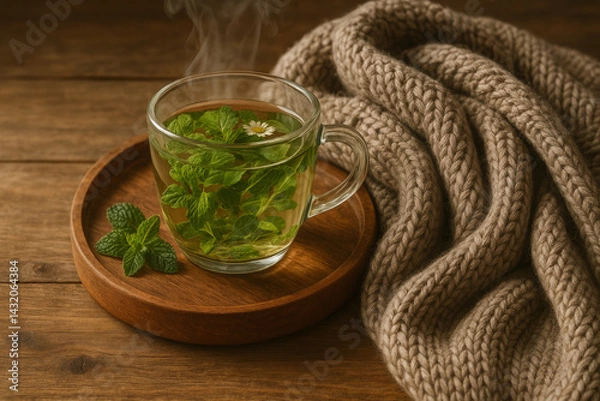 Obraz Steaming Mint Tea in Cozy Setting with Blanket for Relaxation and Wellness