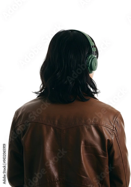 Fototapeta Back View of Person with Headphones and Brown Leather Jacket Isolated on PNG Background.