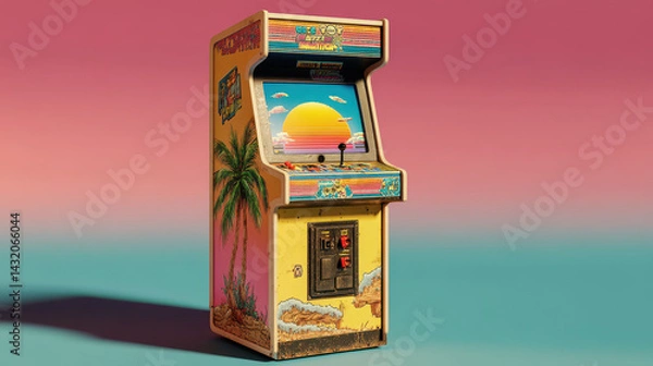Obraz A vintage arcade game machine displays a retro sunset landscape with palm trees, evoking nostaia for classic entertainment and simpler gaming experiences.