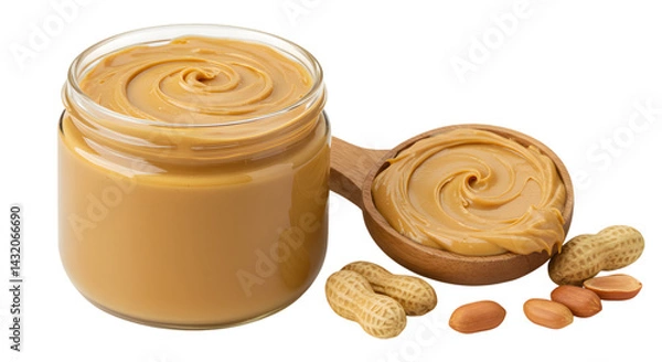 Fototapeta Creamy Peanut Butter with Wooden Spoon Isolated on PNG Background.