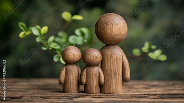 Fototapeta Minimal wooden sculpture of a mother embracing her children, symbolizing nurturing, family unity, and generational connection; represents demographics, population growth, and social care.

