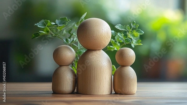 Obraz Minimal wooden sculpture of a mother embracing her children, symbolizing nurturing, family unity, and generational connection; represents demographics, population growth, and social care.

