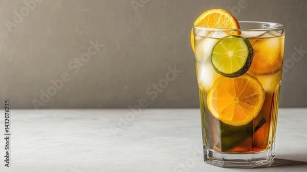 Obraz Refreshing Beverage with Citrus Fruits and Ice in a Glass on a Neutral Background for Summer or Party Themes, Perfect for Drink Menus and Advertising