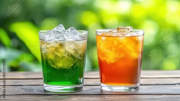 Obraz Refreshing Green and Orange Drinks with Ice Cubes in Clear Glasses on a Wooden Table Surrounded by Lush Greenery in Natural Light