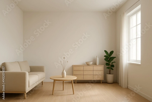 Fototapeta Minimalist living room interior with neutral tones, wooden furniture, sofa, and natural light – Scandinavian style modern home decor