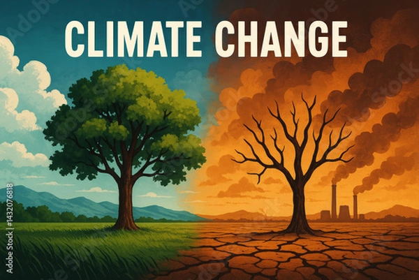 Fototapeta Climate change concept with split landscape showing healthy green tree and dry barren tree – global warming, pollution, and environmental crisis