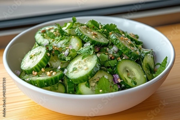 Obraz Fresh cucumber salad with herbs and spices prepared in a bright kitchen setting during daylight hours