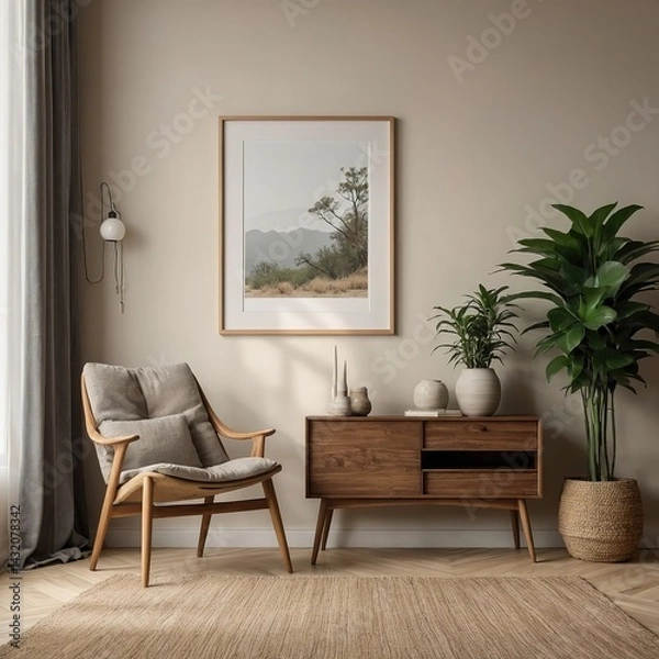 Fototapeta Vertical frame mockup on light neutral wall in living room, small wood cabinet below, single chair to the side, minimalist shelf with pottery and plant, calm lighting, photorealistic 8k render