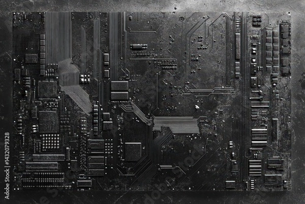 Obraz Top-down view of a dark, complex circuit board.