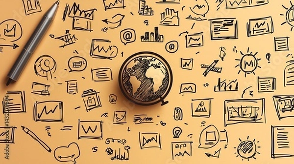 Obraz Orange Sticky Note Depicting a Globe Surrounded By Marketing Icons Indicating Global Business Strategies