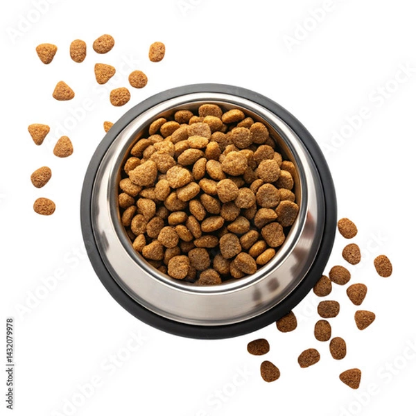 Fototapeta Pieces of dry food for cats and dogs fall into a bowl on a white background.