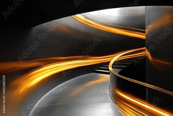 Fototapeta Modern, metallic, spiral staircase with glowing light.