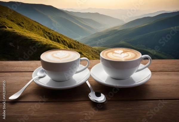 Fototapeta There are two cups of coffee on one table with a view of the mountain