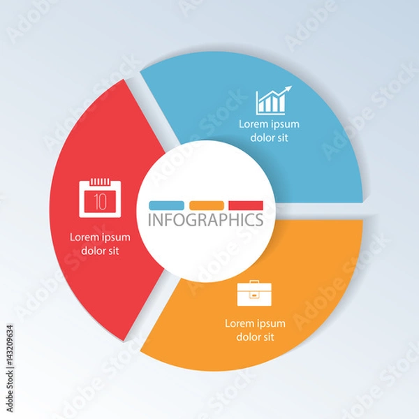 Fototapeta Circular infographics of 3 steps, segments for annual reports, charts, presentations, workflow layout, banner, number options, step up options, web design with symbols and space for text