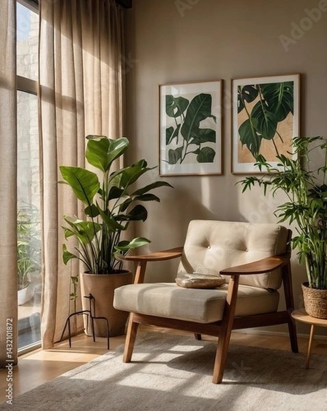 Fototapeta Earth-tone minimalist living room, single cushioned chair with wooden legs, compact natural wood cabinet, open wall shelf with indoor plants and ceramics, abstract wall art, sunlight streaming through