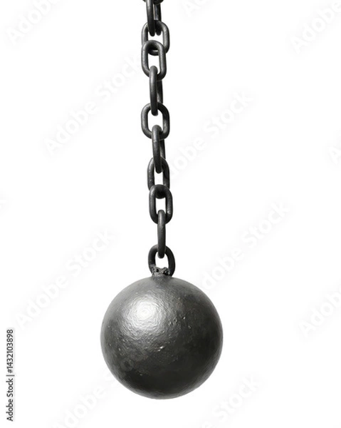 Fototapeta A heavy iron wrecking ball hangs from a thick chain against a transparent background.