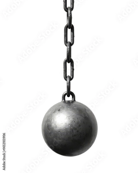 Fototapeta A heavy, metallic wrecking ball hangs from a thick chain against a transparent background.  The ball is grey and shows a textured surface.