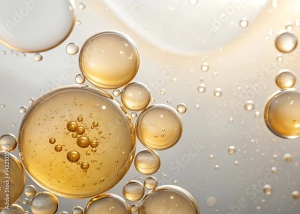 Fototapeta Discover golden oil bubbles macro photography for skincare serum and cosmetic product background texture design