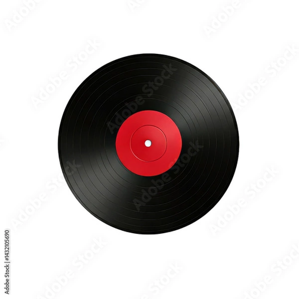 Fototapeta A black vinyl record with a red label on a transparent background, perfect for music-themed designs or nostalgic projects.