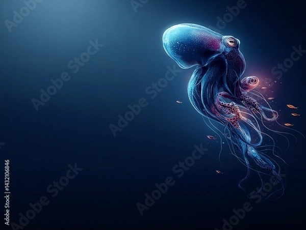 Fototapeta Bioluminescent octopus floats gracefully in the deep sea, surrounded by small fish and illuminated in a surreal underwater glow. Copy Space