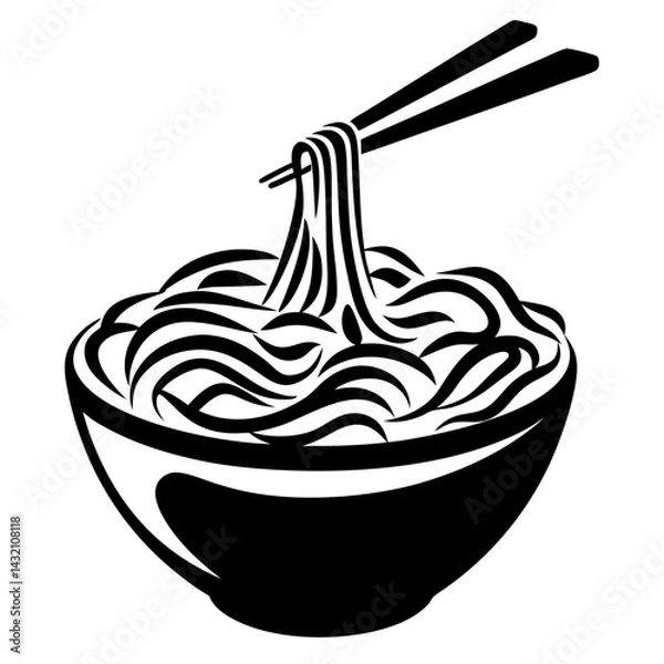 Fototapeta Graphic image of a bowl of noodles with chopsticks in black and white
