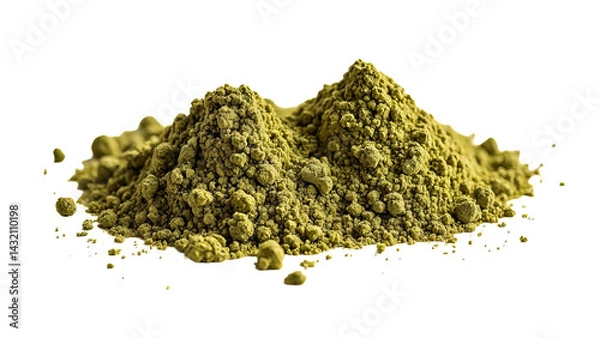 Fototapeta A close-up of a pile of matcha powder on a transparent background, showing its granular texture and vibrant green color.