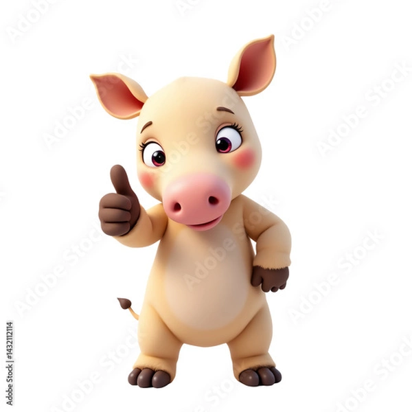Fototapeta Cartoon pig with a thumbs up, white isolate background