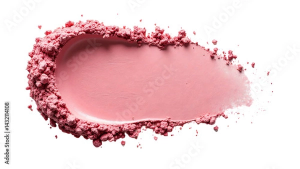 Fototapeta Pink cosmetic powder swatch with a transparent background.  The textured, chunky powder is spread in a smear, creating a unique shape with scattered particles.