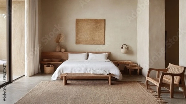 Obraz Neutral-toned modern guest room with simple decor and streamlined furniture