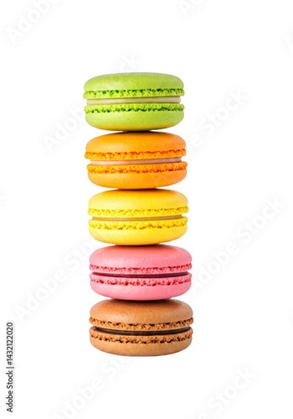 Fototapeta A stack of five colorful macarons with a transparent background, showcasing pistachio, orange, yellow, pink, and brown flavors in a vertical arrangement.