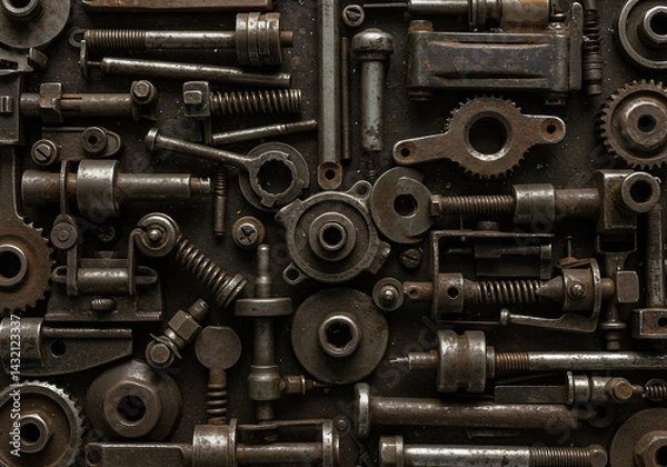 Fototapeta Industrial Mechanical Tools and Metal Components Arranged on Dark Worn Surface for Engineering and Repair Work