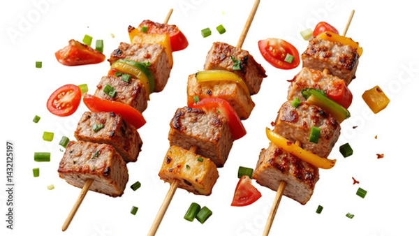 Fototapeta Grilled meat cubes and vegetables on skewers with a transparent background, surrounded by diced tomatoes and green onions.