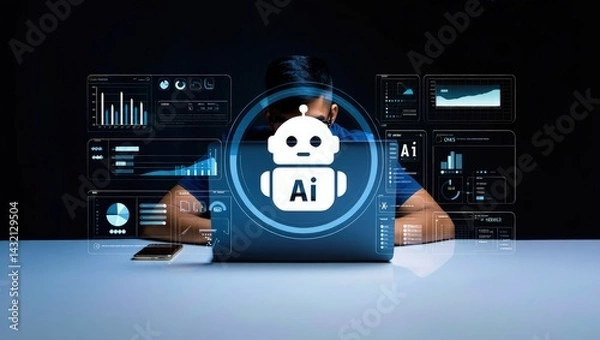 Fototapeta AI Artificial Intelligence technology for data analysis, research, planning, and work generate. Man uses a laptop and AI assistant dashboard. Technology smart robot AI agents and agentic workflows.