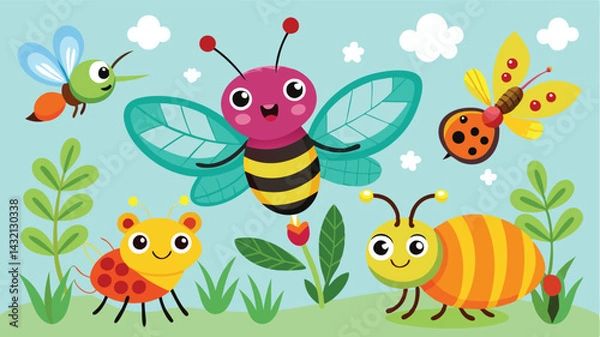 Fototapeta Colorful vector illustration of cheerful insects in a vibrant garden filled with flowers, showcasing a friendly bee, ladybug, and playful butterflies