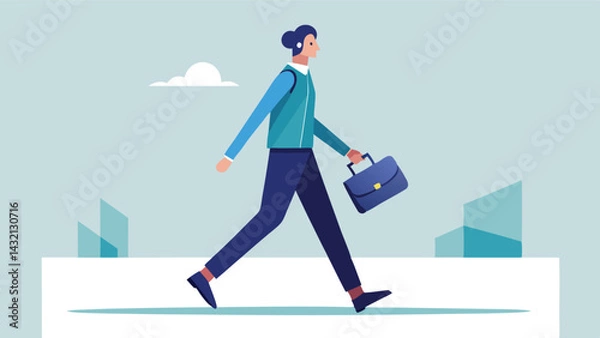 Fototapeta Business professional walking in a modern city landscape with a briefcase and colorful plants under a bright sky during daytime