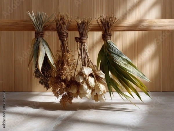 Obraz Minimalist Arrangement of Dried Floral Bundles Hanging Elegantly